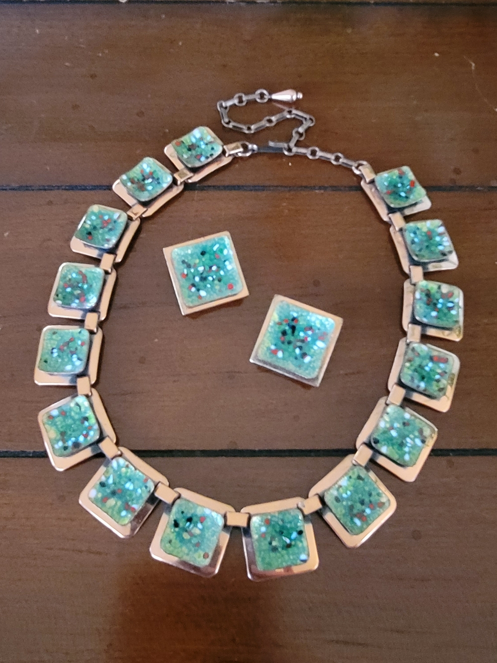 Vintage Matisse Green Enamel Splatter Tile Necklace and Clip Earrings